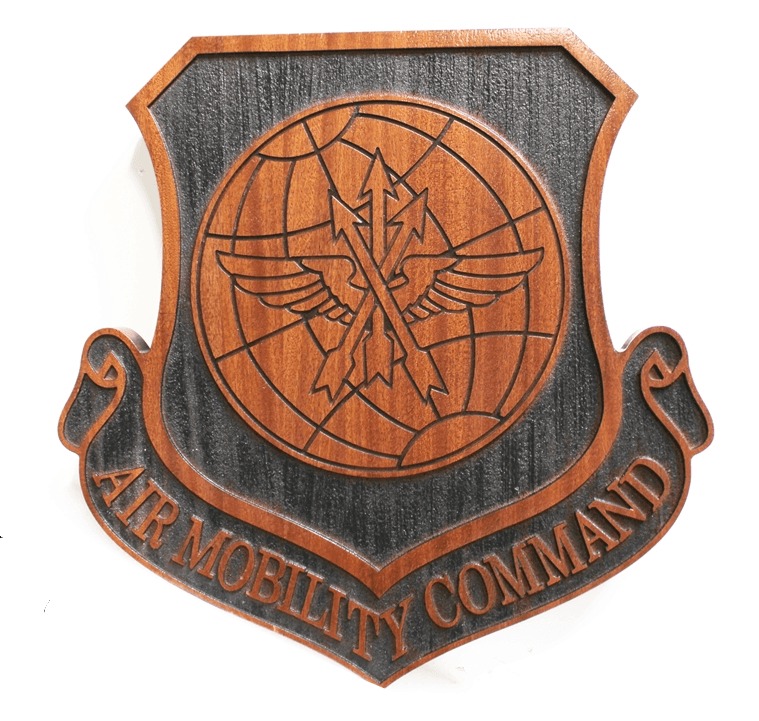 LP-5642 - Carved 2.5-D Mahogany Plaque of the Shield Crest of the Air Mobility Command