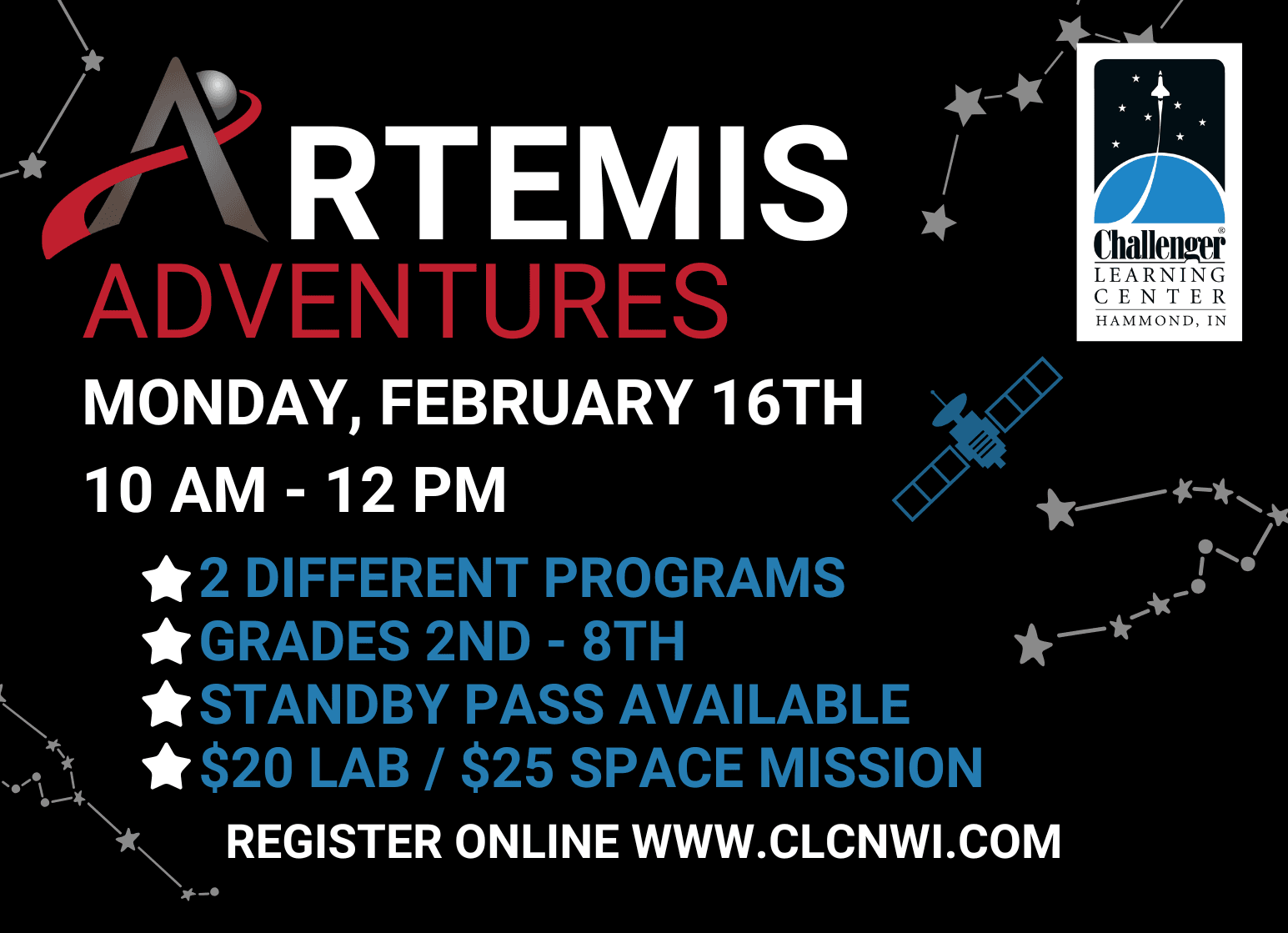 Flier showing information for Artemis Adventures Homeschool and Off school Science Day