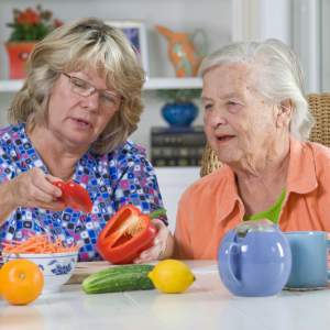 Personal Care Attendant slicing vegetables with older woman