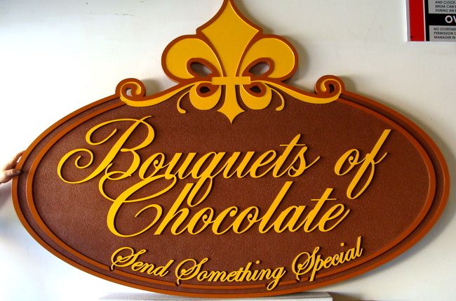 Q25668 - Carved Wood Look HDU Sign, "Bouquets of Chocolate" " Send Something Special," with Carved Fleur-des-Lis