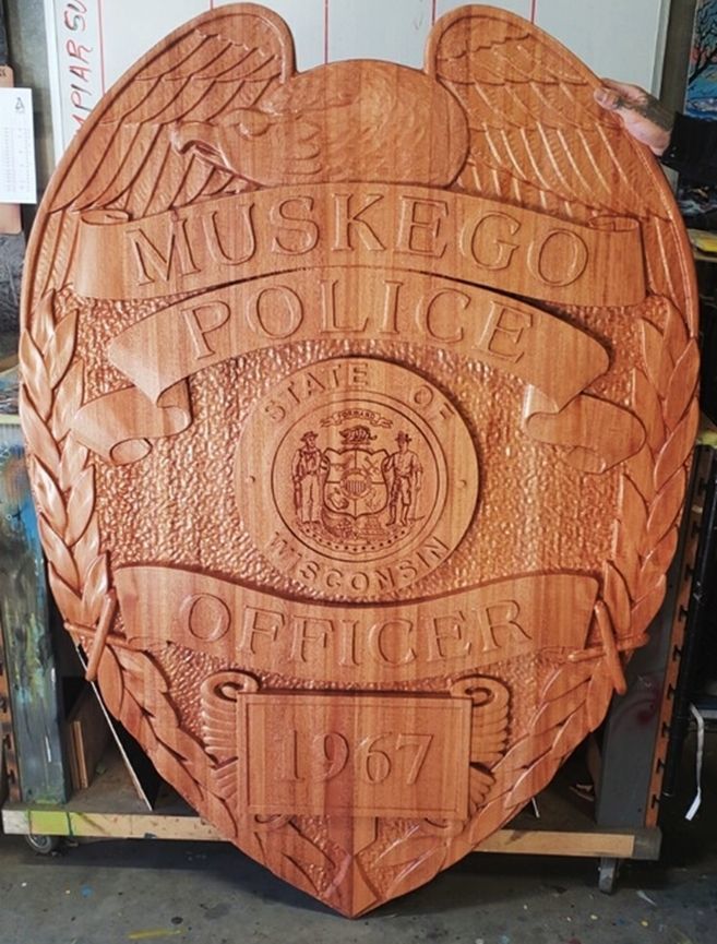 PP-1595 - Carved 3-D Mahogany Wood Plaque of a  Badge of a Police Officer of the  City of Muskego, Wisconsin  