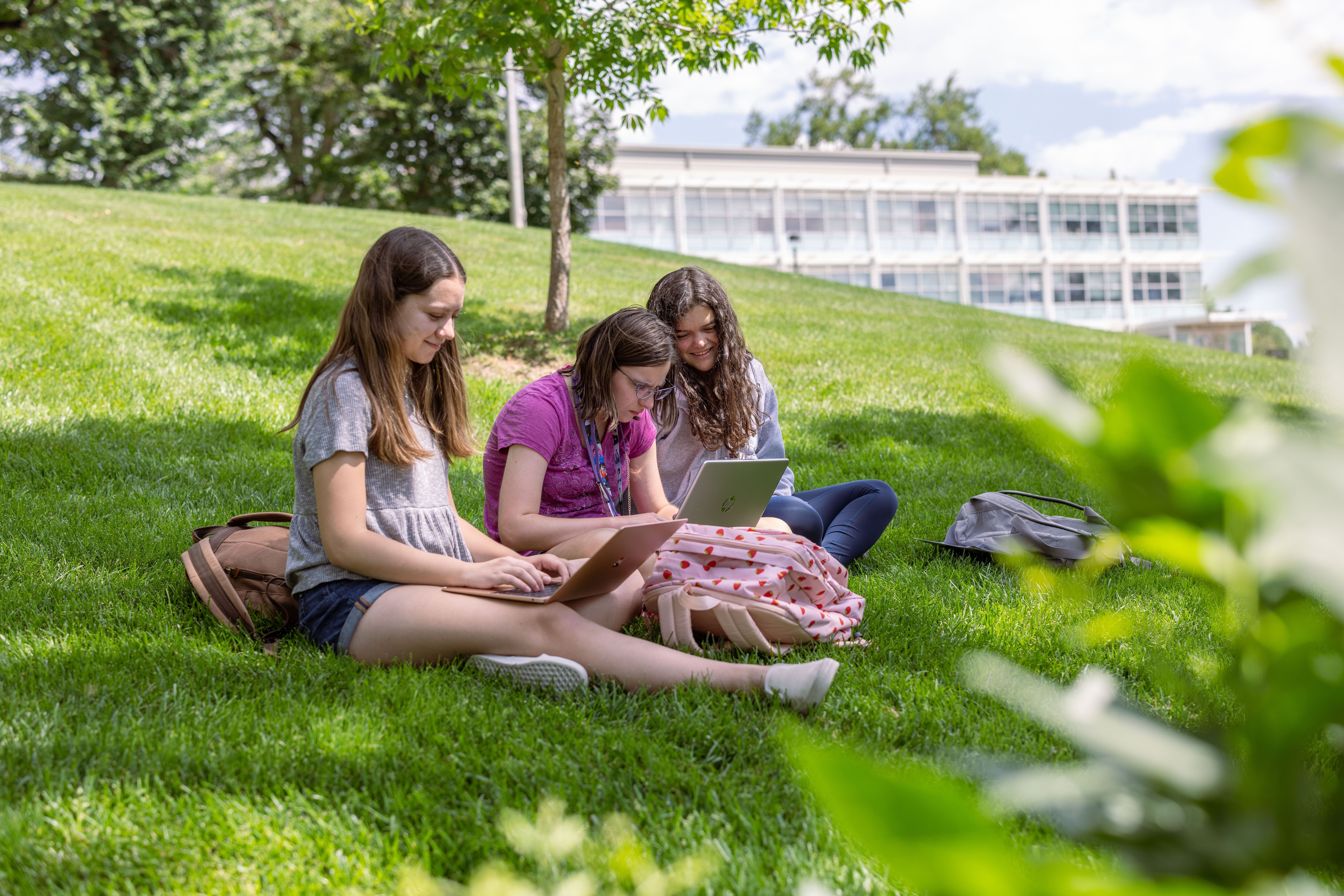 3 students sit on a grassy lawn and study.