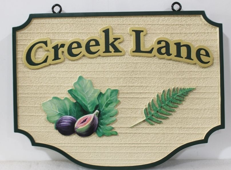 H17034A - Carved and Sandblasted High-Density-Urethane (HDU) Street Name Sign, "Creek Lane", with Fruit and Leaves as Artwork, 