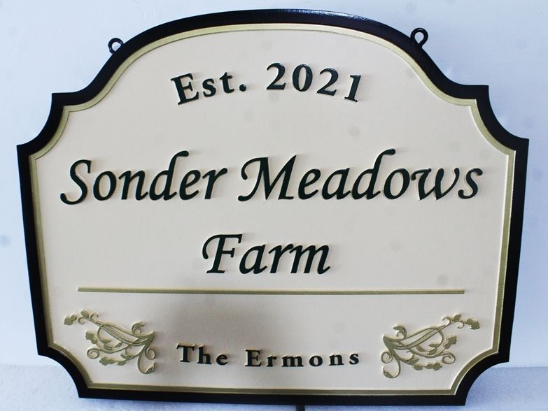 O2409 - Carved 2.5-D HDU Entrance sign for the "Sonder Meadows Farm - The Ermons" 
