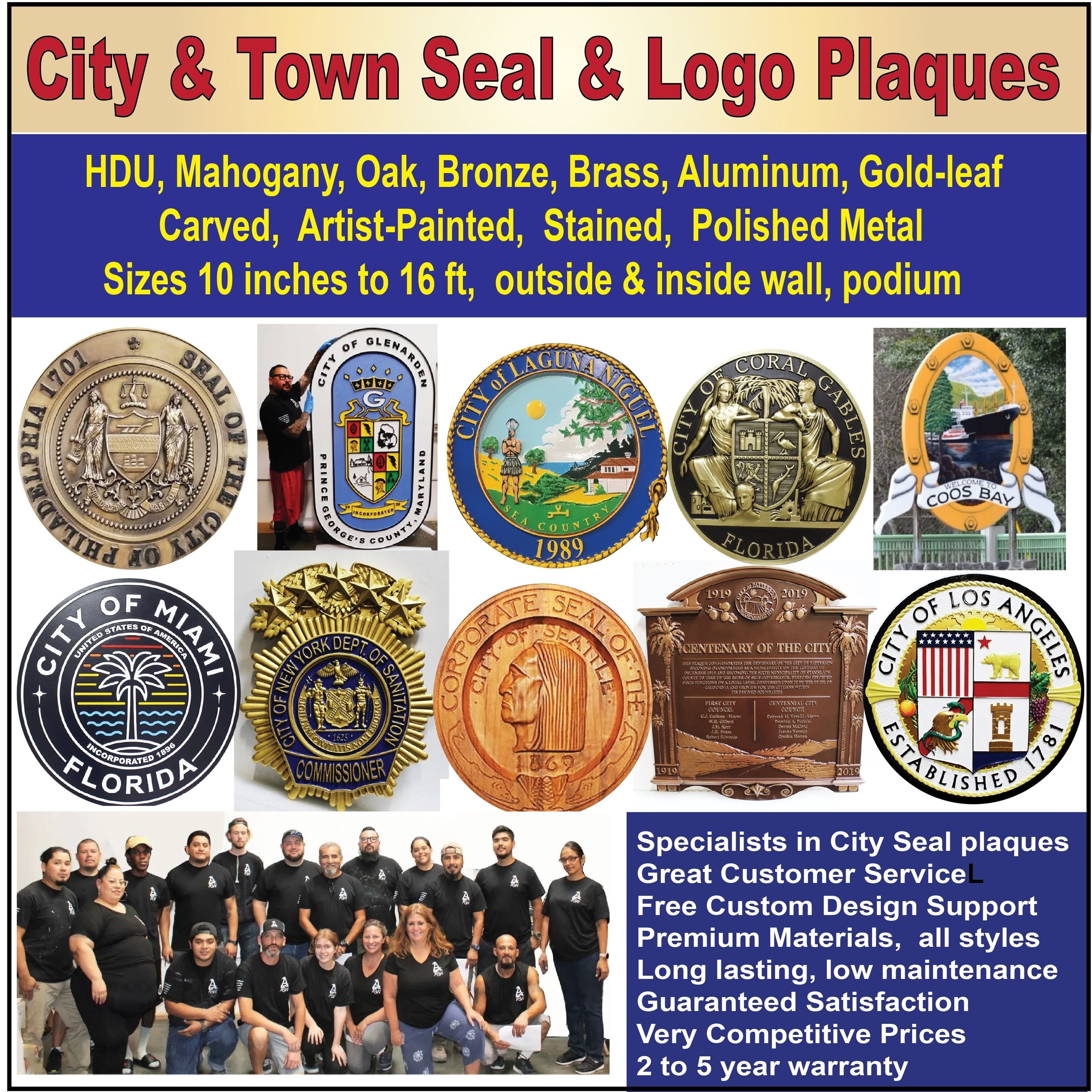 City and Town Seal and Logo Plaques – A promotional display featuring custom-crafted emblems for municipalities across the U.S., made in a variety of premium materials and finishes for indoor and outdoor civic use.