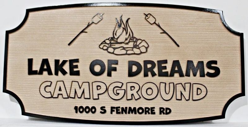 G16298 - Carved and Sandblasted Wood Grain HDU Entrance Sign for "Lake of Dreams Campground"