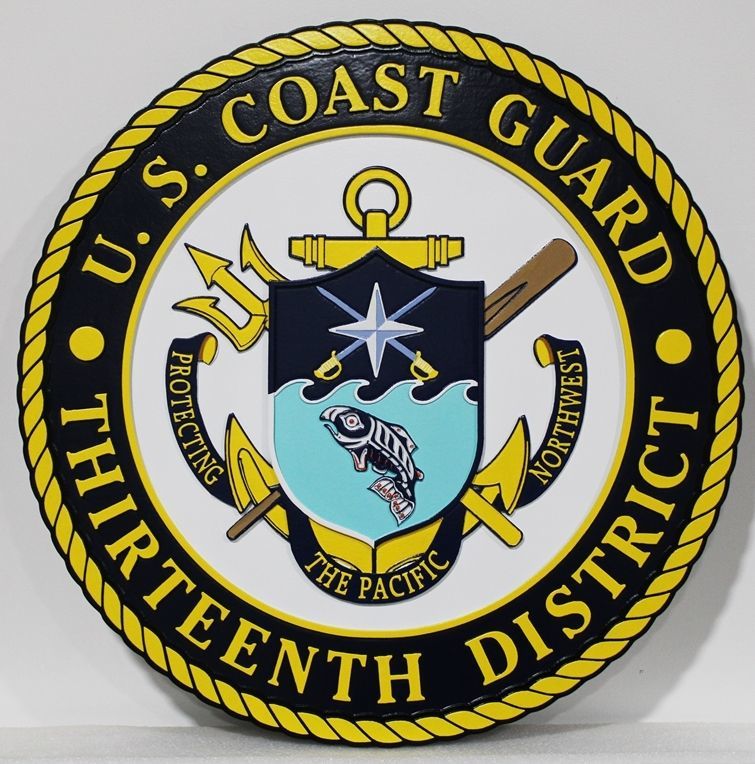 NP-2246 - Carved 2.5-D Raised Relief HDU Plaque of  the Crest of the U.S. Coast Guard Thirteenth District  