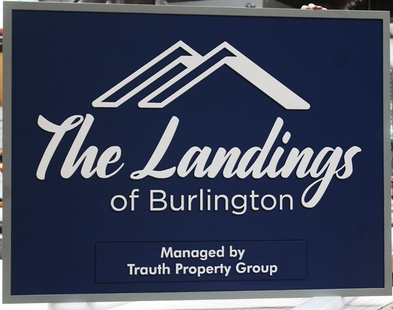 K20500 - Carved High-Density-Urethane (HDU)  Entrance Sign for the "The Landings of Burlington ", with Sylized Mountains as Artwork 