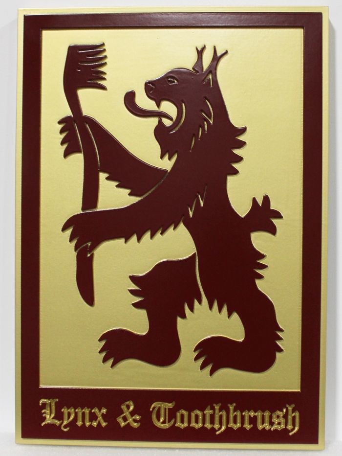 XP-3285- Carved 2.5-D Raised Relief HDU Plaque of the  Coat-of-Arms with a Rampant Lynx and a Toothbrush