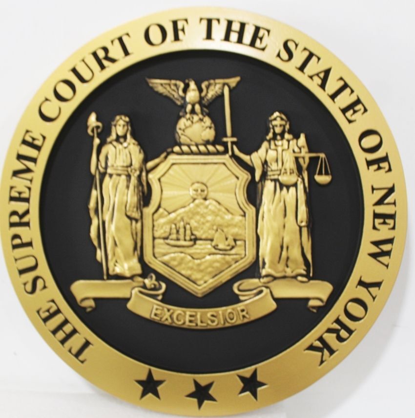 GP-1219- Carved 3-D Bas-Relief Seal of  the Unified Court System of the State of New York, Painted Gold and Black
