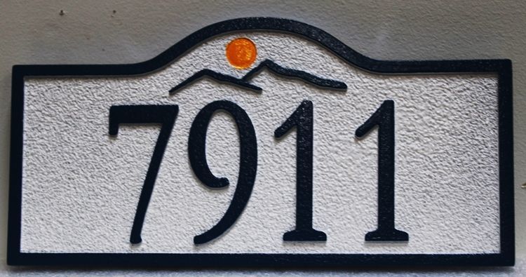 I18917 - Carved and Sandblasted  HDU Address Number Sign with  a Stylized Mountain and Moon Logo as Artwork. 