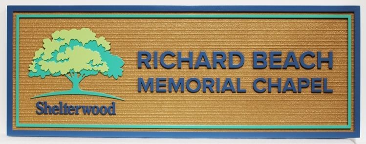 GC16235 - Carved and Sandblasted Wood Grain High-Density-Urethane (HDU) Sign "Richard Beach Memorial Chapel"   for a Garden Cemetery, with a Large Shade Tree as Artwork
