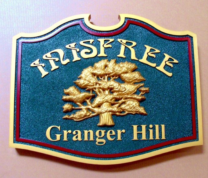 O24854 -Carved Oak Tree Farm Sign "Innisfree on Granger Hill" , 24K Gold-Leafed Gilded