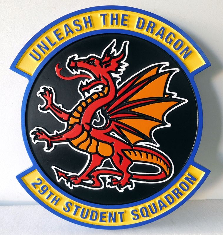 LP-5140 - Carved Round  Plaque of the Crest of the 29th Student  Squadron, "Unleash the Dragon",  Artist Painted