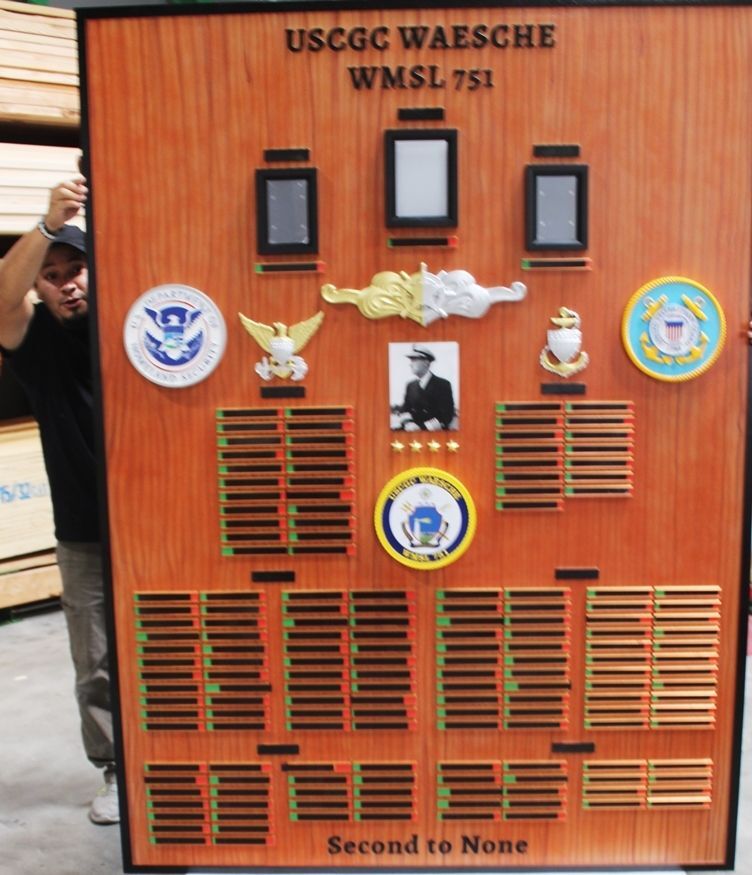 SA1446 - Carved Faux Wood Grain High-Density-Urethane  Photo Chain-of-Command and Duty Status  Board  for US Coast Guard Cutter  Waesche