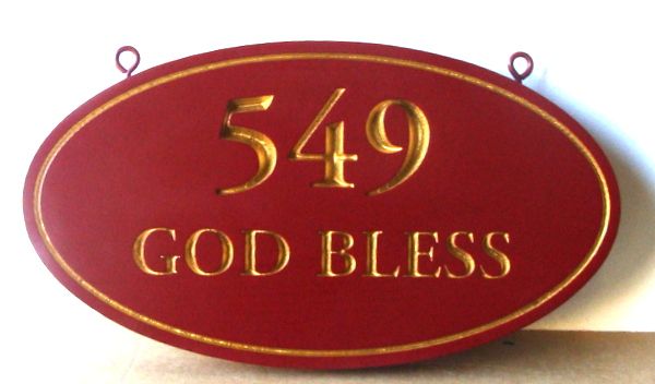 I18877 - Engraved Property Address Number "God Bless", with 24K Gold Leaf on Text and Border