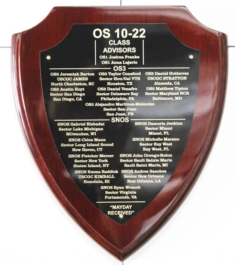 SB1185- Shield  Plaque for the US Coast Guard Operations Specialist (OS) School, with Names of Advisors and Students