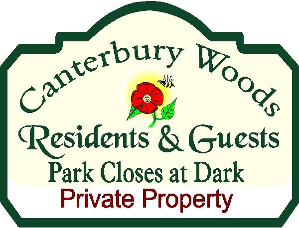 GA16544A - Design of Wood or HDU Sign for Canterbury Woods  Private Property, Park for Residents Only, Carved Flower and Bumble Bee