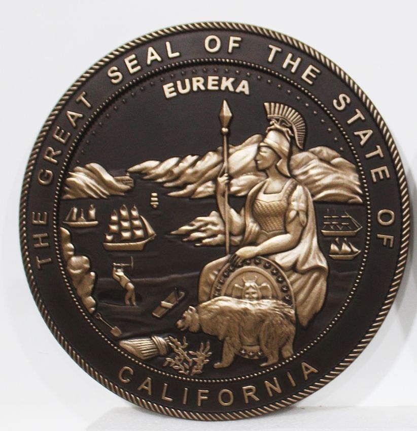 BP-1063-  Carved Plaque of Seal of the State of California, 3-D Bronze-Plated with Black Background 