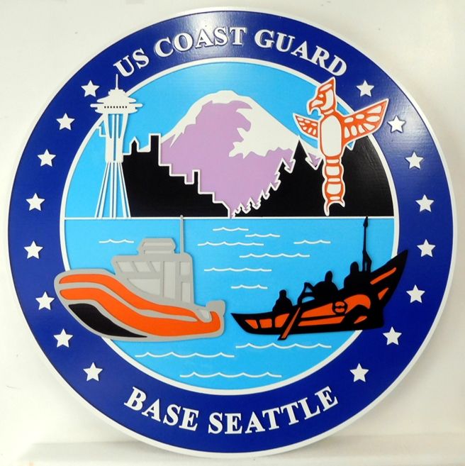 NP-2250 - Carved Plaque of Seal of US Coast Guard  Base Seattle, Artist Painted