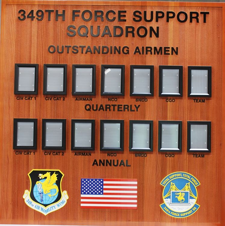 LP-9032 - Carved Redwood Award Board for the Outstanding Airman of the Quarter and Year, 349th Support Squadron, with Photo Frames