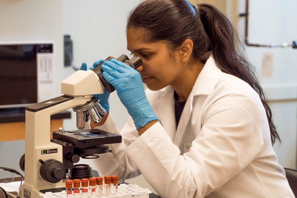 female scientist looking in a microscope 