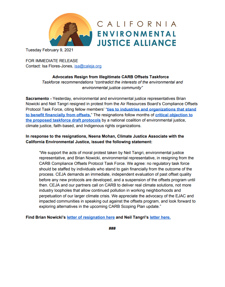 Advocates Resign from Illegitimate CARB Offsets Taskforce
