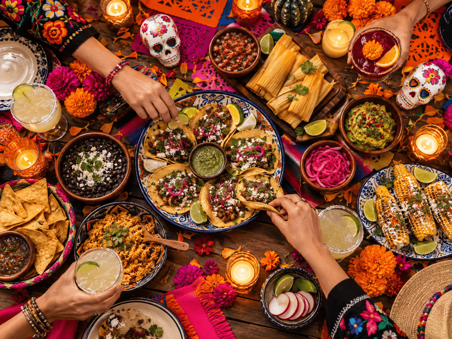 Mexican-inspired dishes, candles, marigolds and sugar skulls arranged for a Día de los Muertos meal.