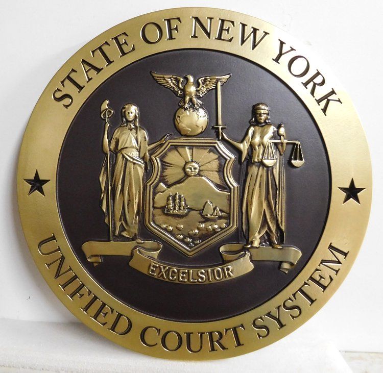 GP-1220 - Carved Plaque of the Seal of the  Unified Court System, State of New York, Painted Metallic Gold