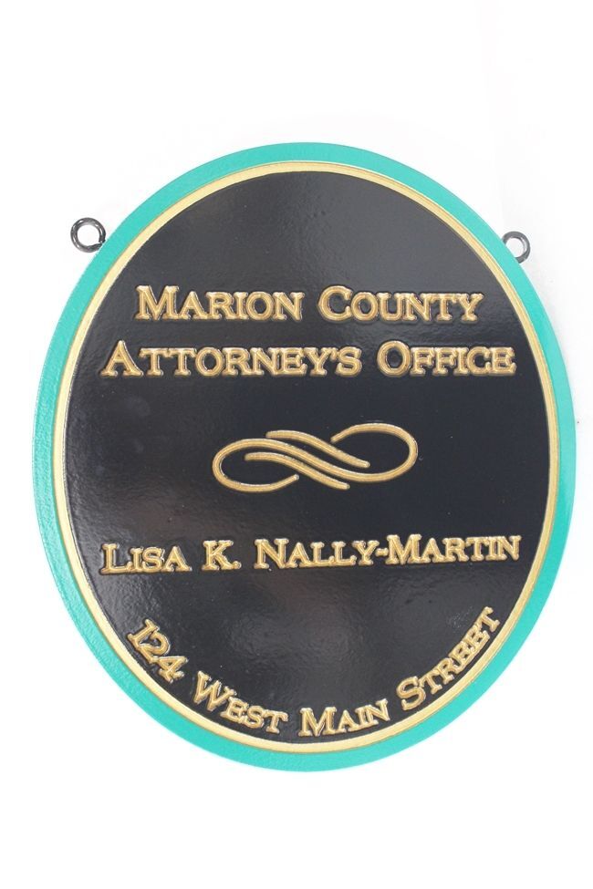 A10907 - Carved Multi-level  2.5-D  HDU Sign for the Marion County Attorney's Office, with Prismatic Gold-Leaf Gilded Text and Artwork 