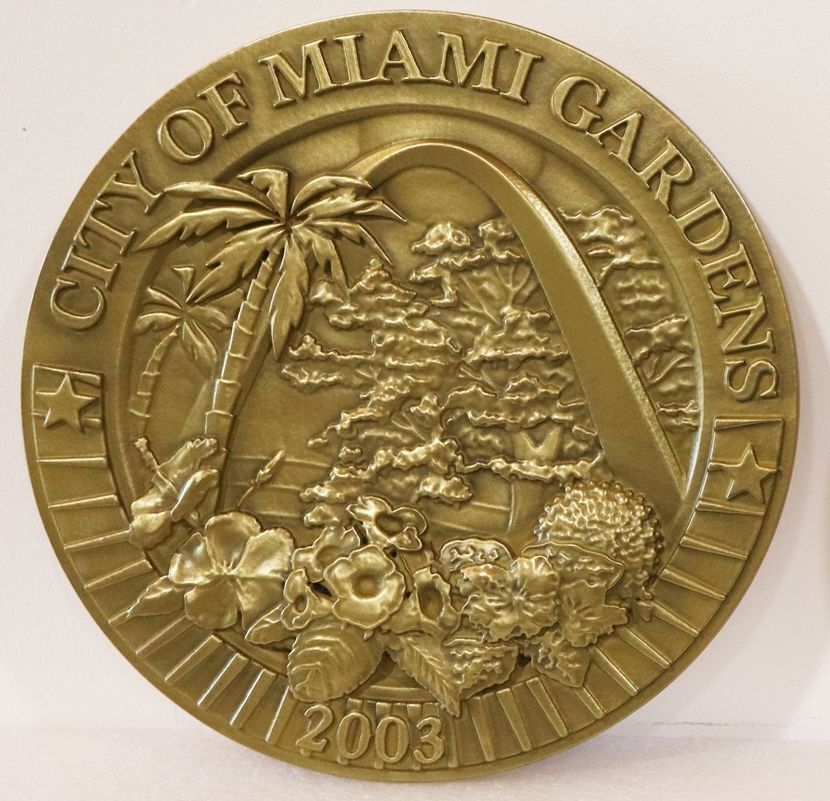 DP-1660 Carved 3-D Bas-Relief Brass-Plated Plaque of the  Seal of the City of Miami Gardens , Florida
