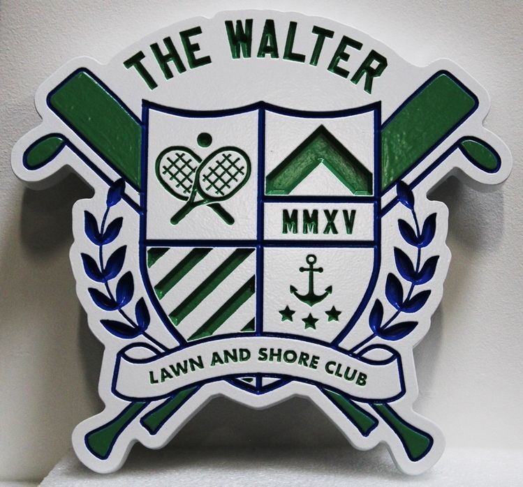 XP-3575 - Engraved HDU Plaque of the Lawn and Shore Club Coat-of-Arms with a Shield  with Golf, Tennis and Nautical Symbols  
