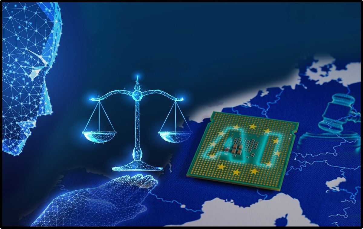 Stylized image of scales of justice with AI in the background suggesting the concept of AI's impact on the legal community.