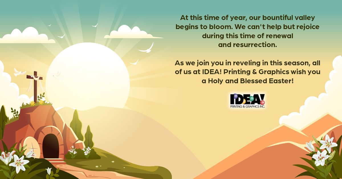 Pretty graphic of empty tomb with cross on it and sun rising in background. Text: At this time of year, our bountiful valley begins to bloom. We can't help but rejoice during this time of renewal and resurrection. Happy Easter!