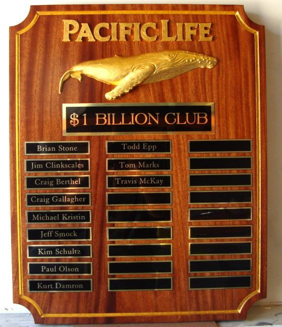 SB1225 - Award  Plaque for Pacific Life Insurance Sales Executives with $1 Billion in Sales, Carved from African Mahogany with 3-D Carved 24K Gold-leaf Gilded Whale