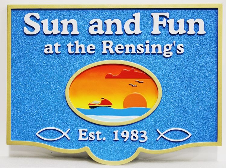 L21233 - Carved and Sandblasted HDU Coastal Residence Sign, "Sun and Fun", with a Wave-runner and a Sunset over the Ocean 