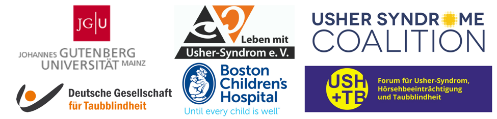USH2018 Partner logos: Johannes Gutenberg Universitat Mainz, Deutsche Gesellschaft fur Taubblindheit, Boston Children's Hospital, Usher Syndrome Coalition, Leben mit Usher-Syndrom e.V., USH+TB Forum fur Usher-syndrom, Horsehbeeintrachtigung und Taubblindh