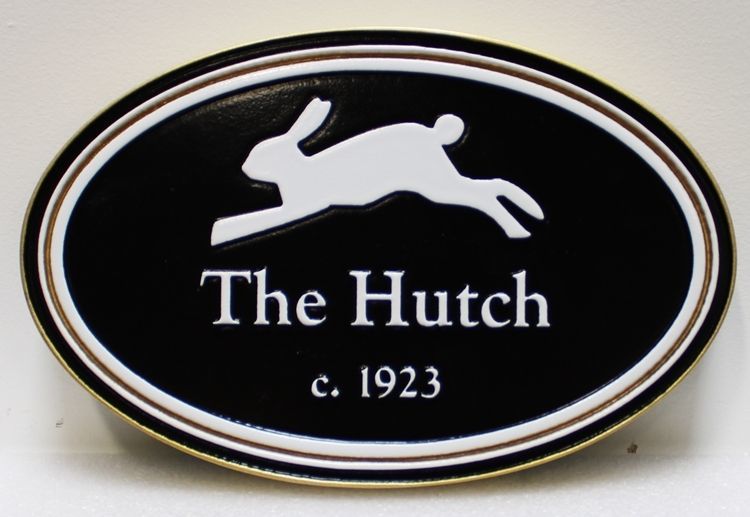 I18571 - High-Density-Urethane (HDU)  Property Name  Sign "The Hutch", with a Rabbit as Artwork