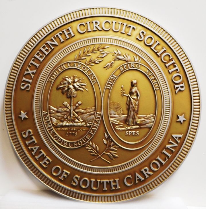 A10862 -  Carved 3D Bas-relief Brass-Plated  HDU  Wall Plaque for the 16th Circuit Solicitor of the State of South Carolina 