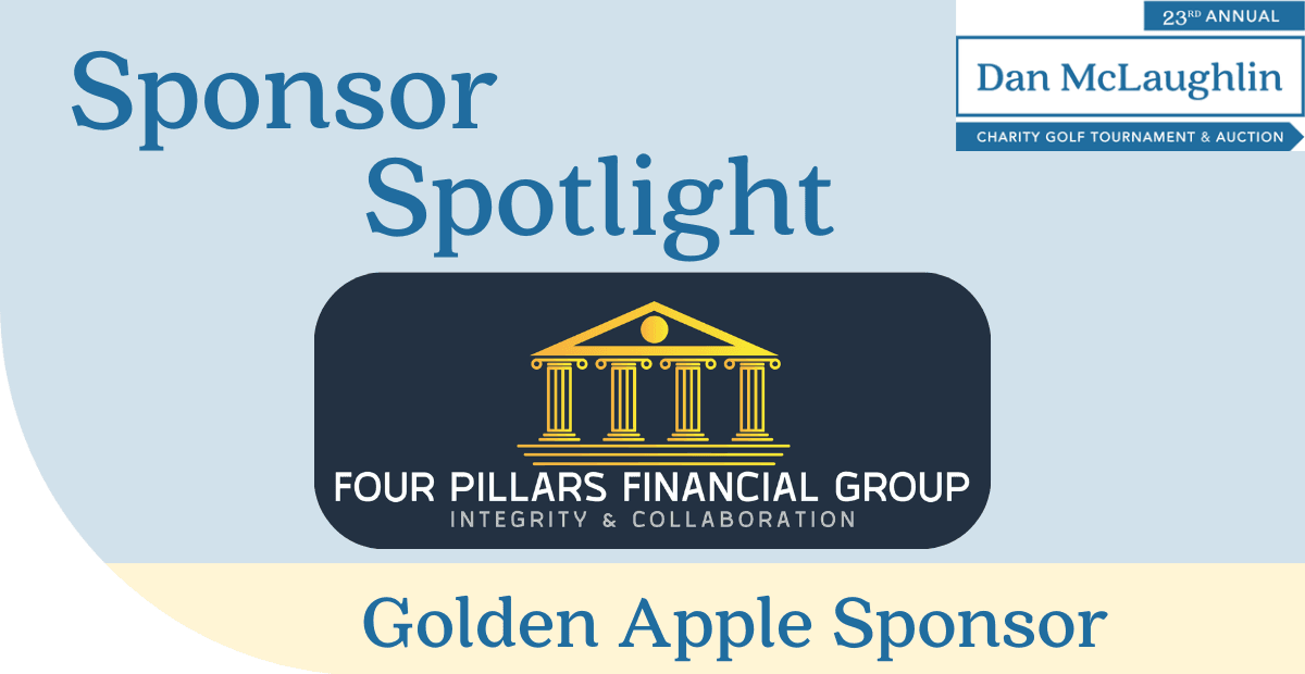 Four Pillars logo on blue background