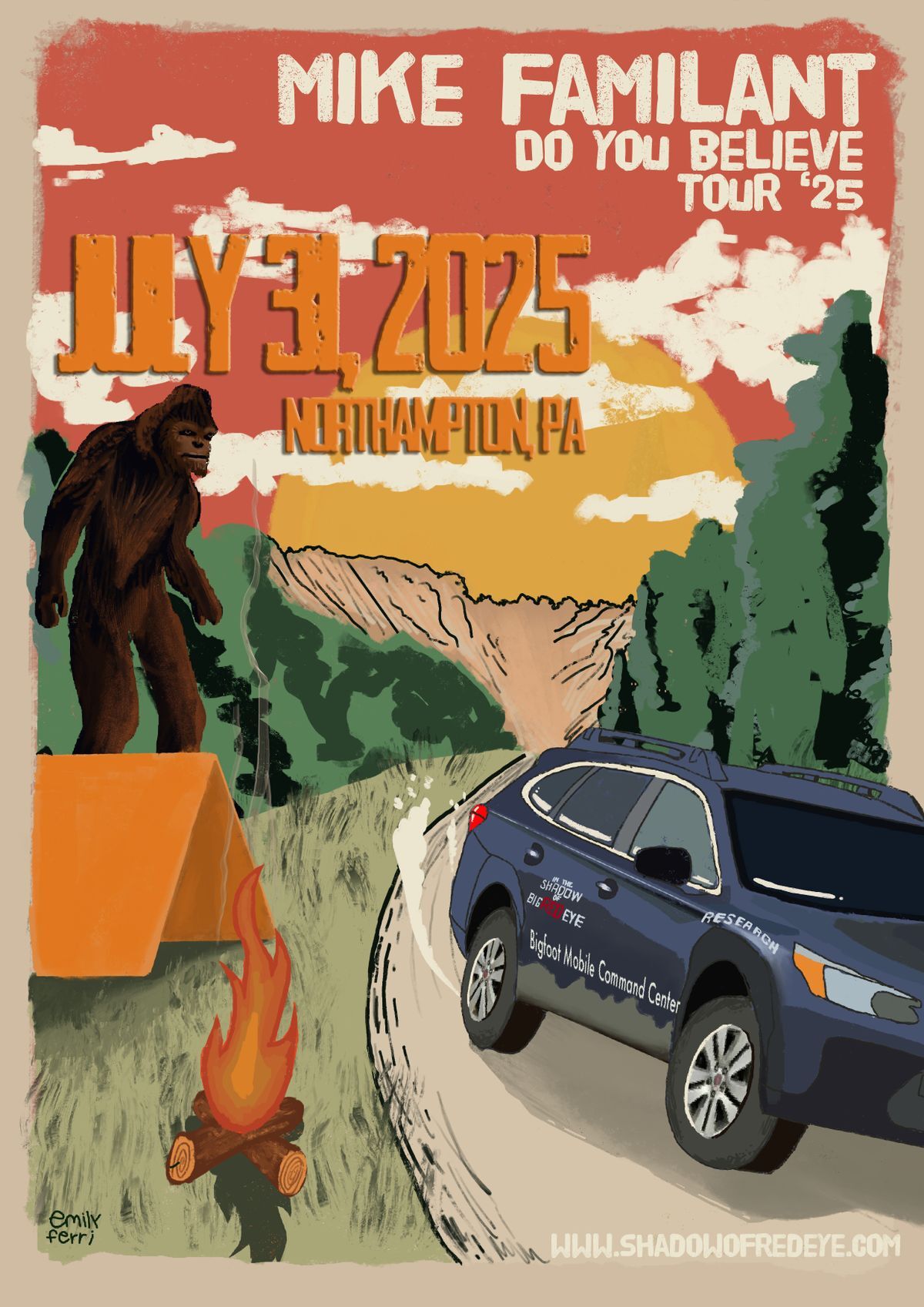 A poster featuring bigfoot and stating that the Do You Believe Tour will be in Northampton on July 31, 2025.