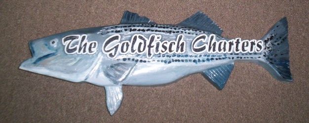 SA28646 - Carved 3-D Sign in the Shape of a Fish, for "The Goldfisch Charters", a Charter Boat Fishing Company