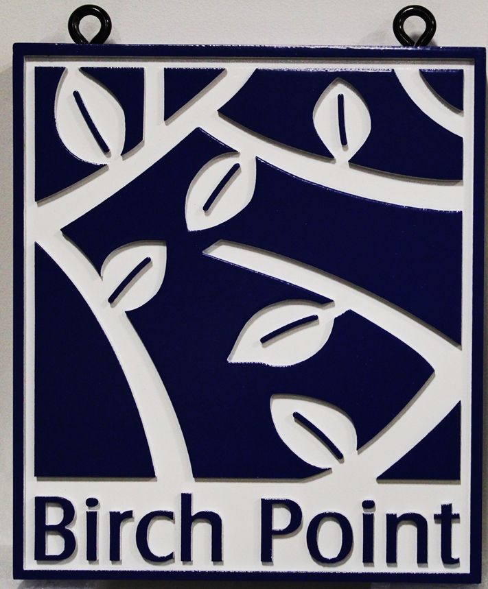 I18327 - Carved  High-Density-Urethane (HDU)  Property Name Sign "Birch Point", with Stylized Tree Branches and Leaves