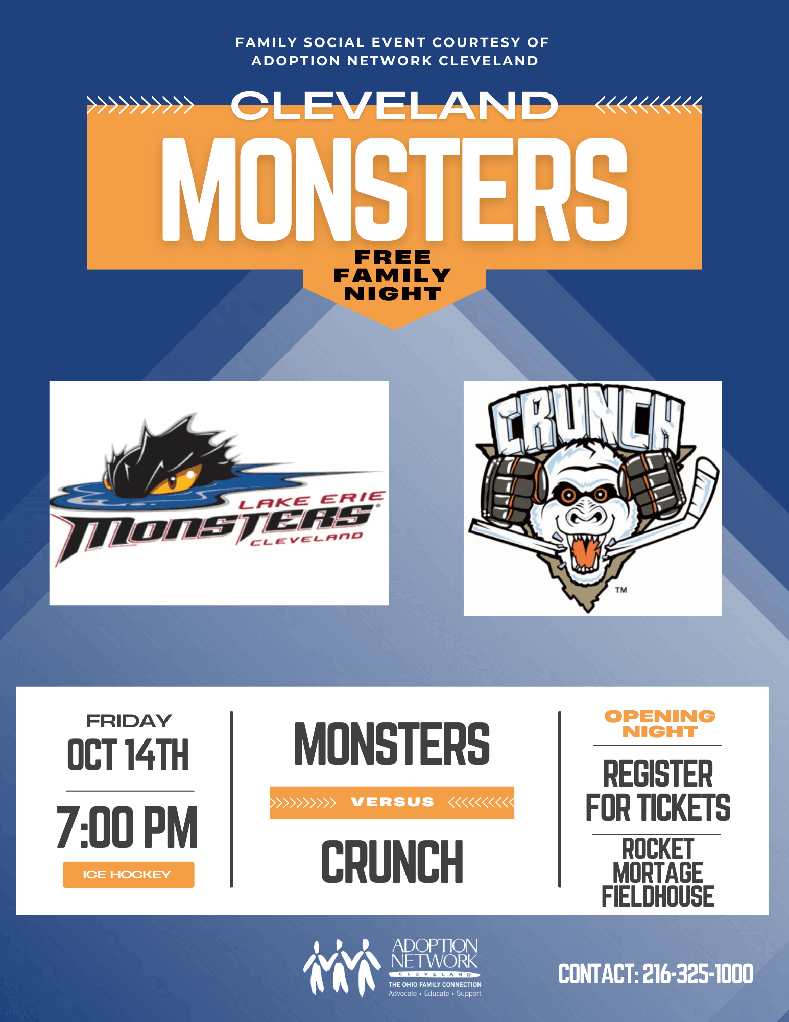 Join us for a family social at Cleveland Monster's Opening Game, Adoption Network Cleveland will provide the tickets and families can provide cheers.