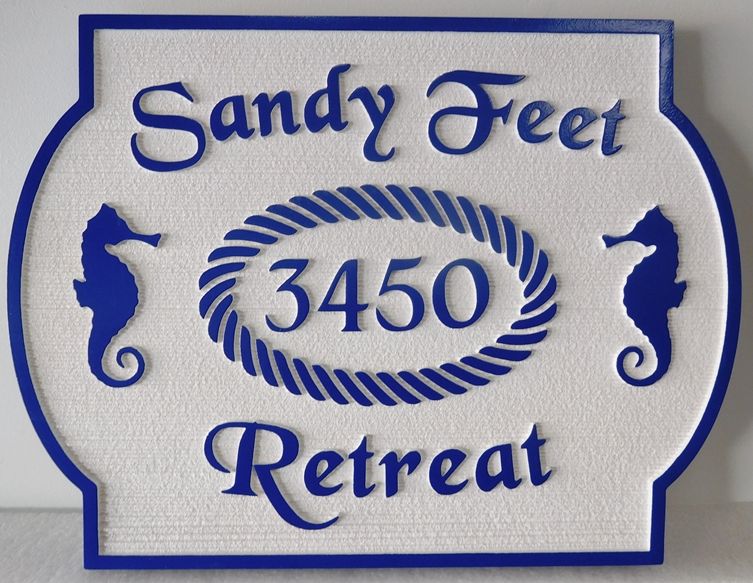 L21549 - Carved and  Sandblasted 2.5-D Address Number Plaque, for a Beach House, the "Sandy Feet Retreat", with Seahorses as Artwork 