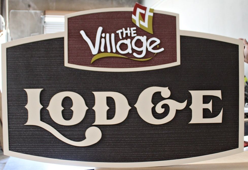 T29049 - Carved and Sandblasted Woodgrain HDU Sign for "The Village Lodge"