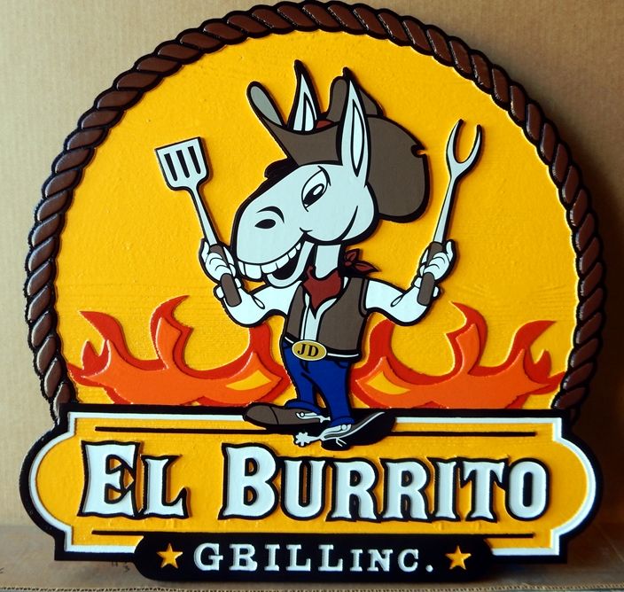 Q25805 - Carved, High Density Urethane Sign with Cartoon Donkey for El Burrito Grill Inc.