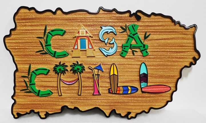 L21718 - Rustic Carved Sandblasted Wood Grain  Beach House Sign, 2.5-D Artist-Painted, with Beach House, Palm Trees, and Surfboards as Artwork