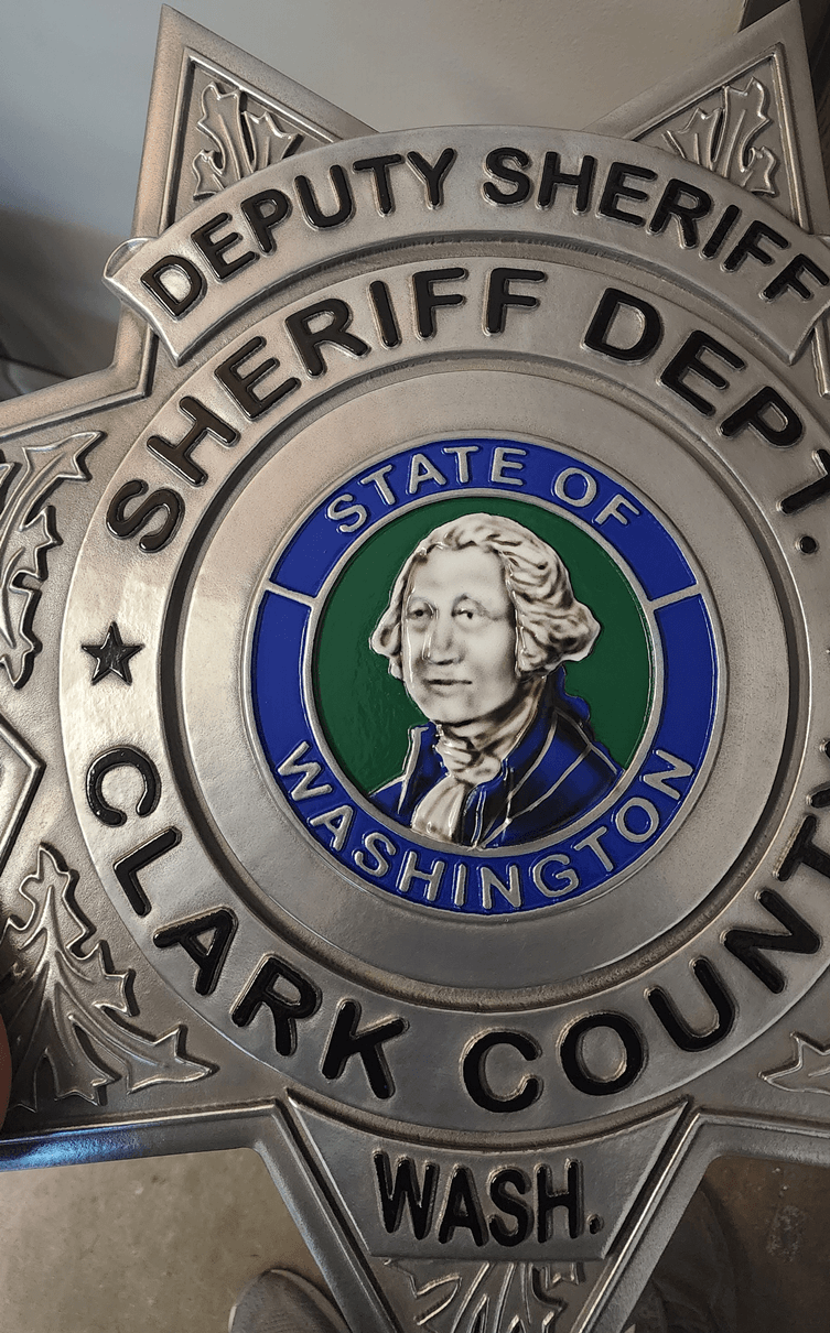 PP-1663 - Carved 2.5-D Multi-Level Plaque of the Badge of the Deputy Sheriff of Clark County, in the State of Washington  