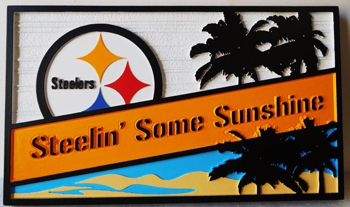 L21133 - Coastal Residence Name Sign "Steelin' Some Sunshine" with Ocean, Palm Trees, and the Pittsburg Steelers Logo as Artwork